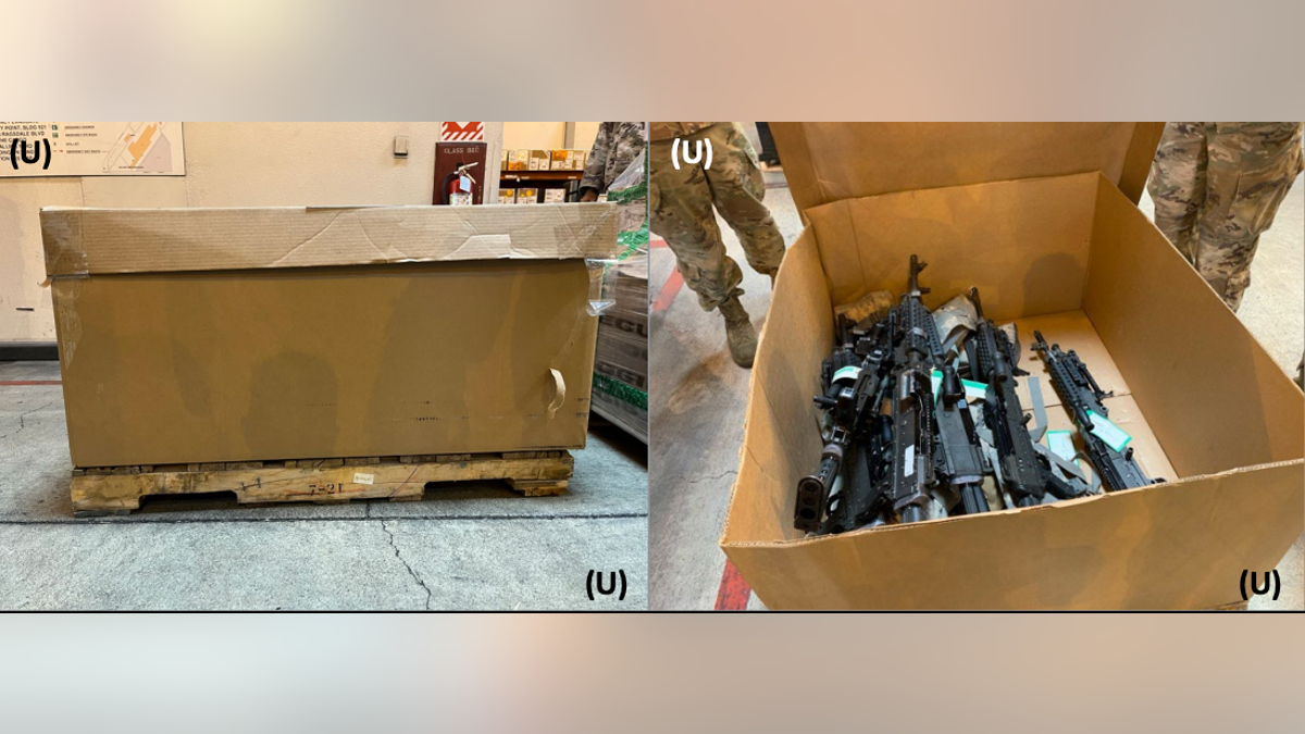 Images of guns arriving unwrapped in boxes provided by The American Institute in Taiwan via Defense Dept. Inspector General's report, September 2024
